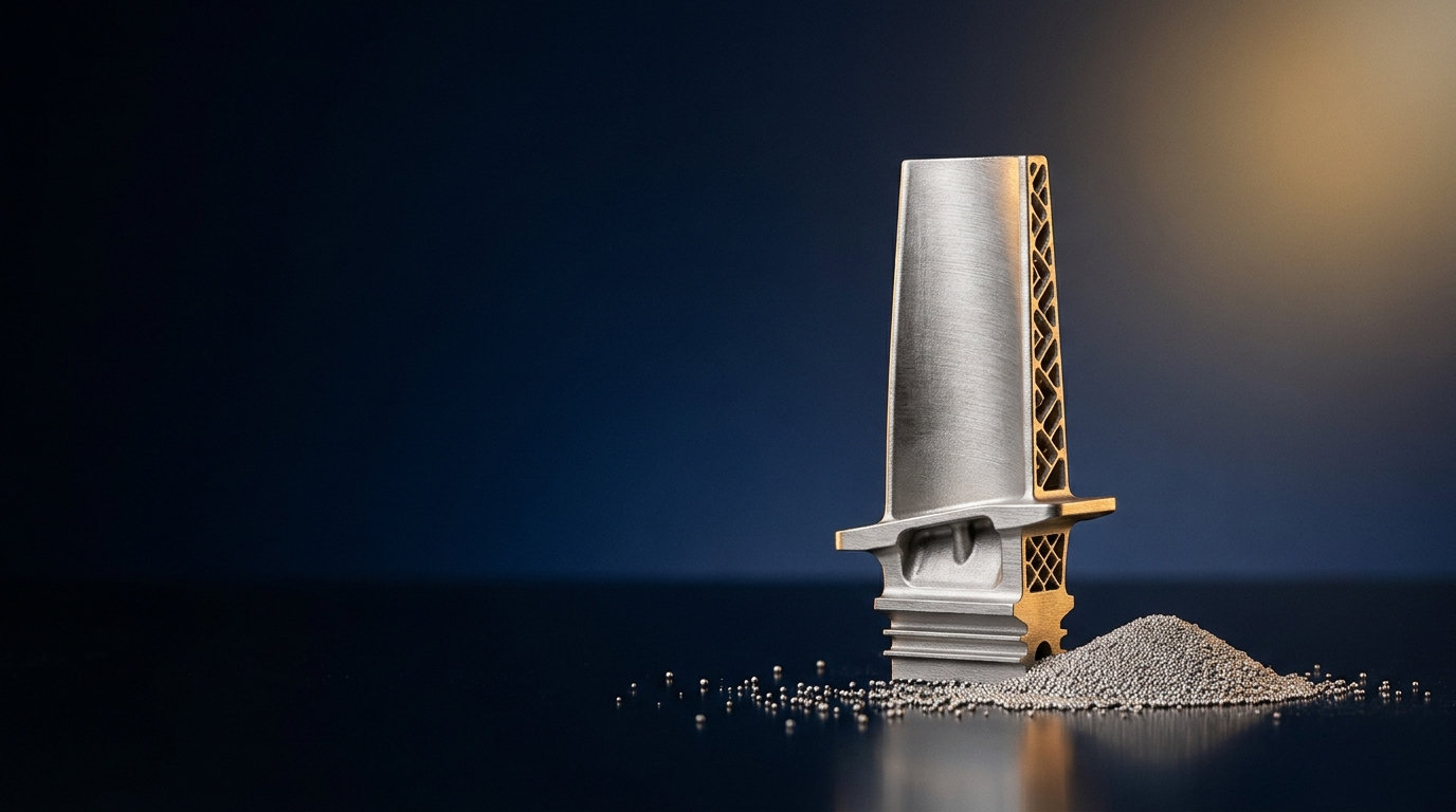 Inconel 3D printing banner: printed nickel-superalloy turbine part and powder on a navy studio background with gold glow