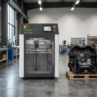 Kings FGF800 pellet 3D printer on a production floor with large printed tooling part