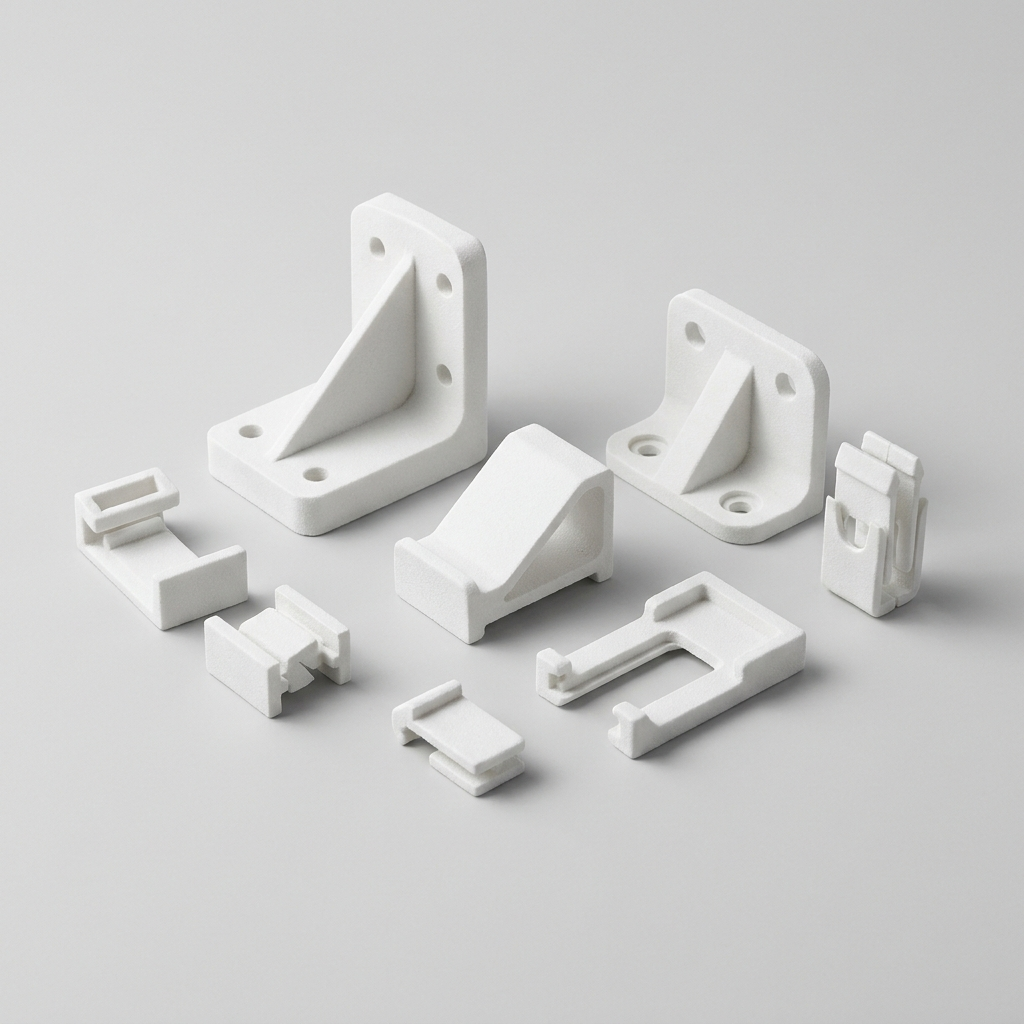 White PA12 nylon SLS-printed brackets and clips