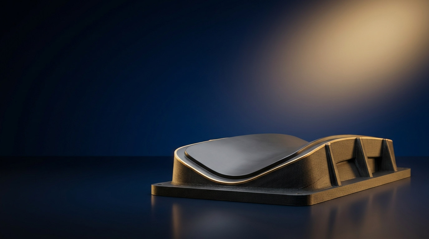 Large format 3D printing banner: printed composite layup tool on a navy studio background with gold glow
