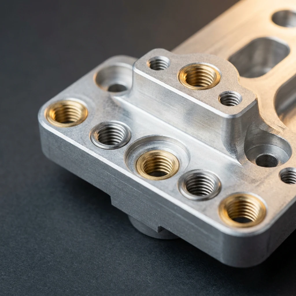 LPBF metal part with helicoil and brass thread inserts