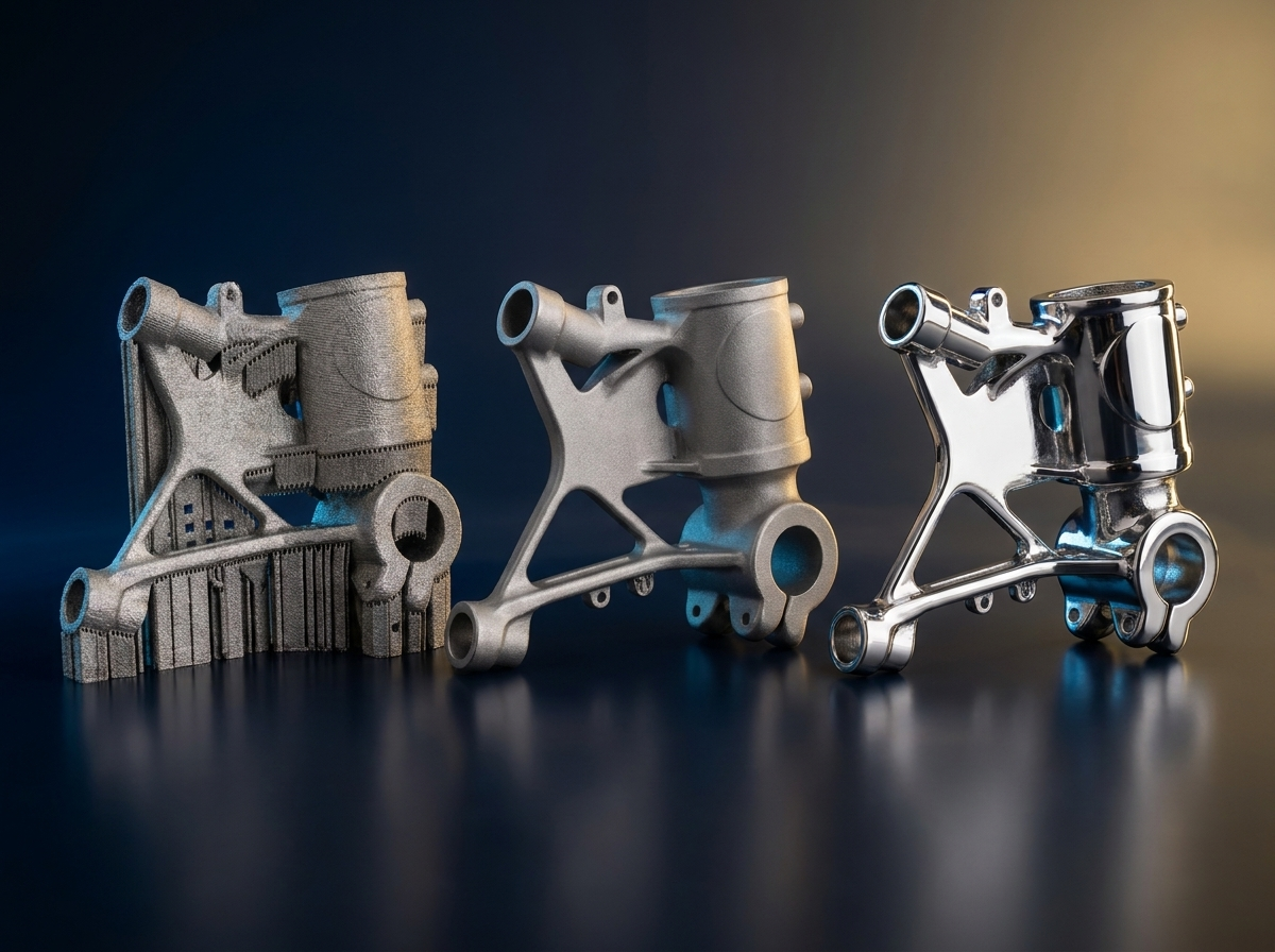 LPBF metal finishing progression — supported, de-supported and polished