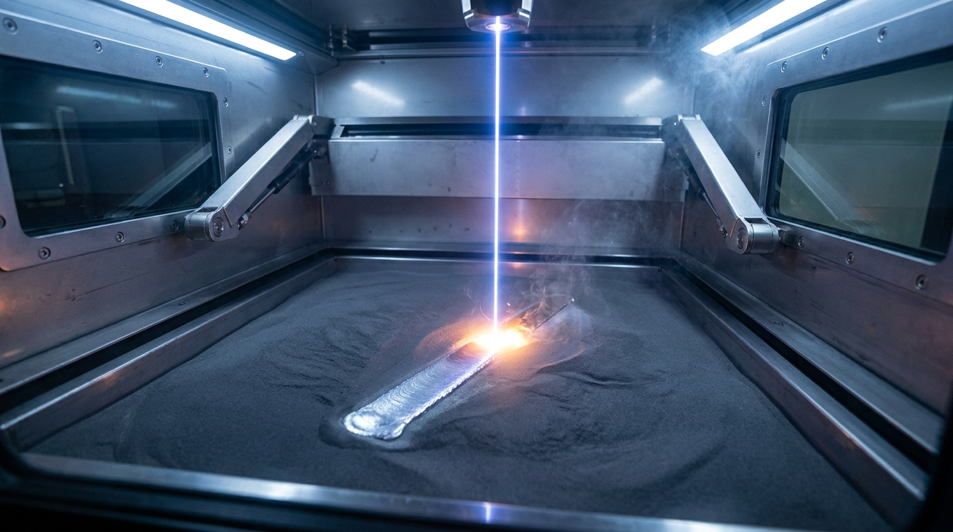 LPBF laser melting a metal powder layer inside a build chamber