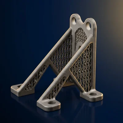 Real titanium TC4 LPBF 3D-printed lightweight lattice bracket on dark studio background