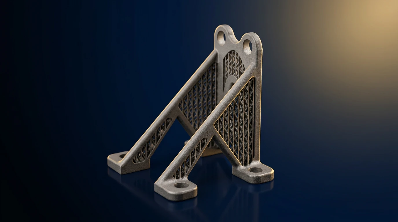 Real titanium TC4 LPBF 3D-printed lightweight lattice bracket on dark studio background