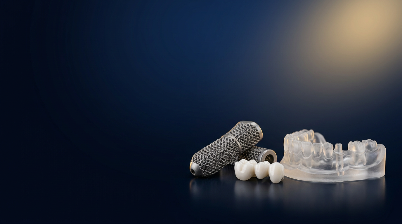 Medical and dental 3D printing banner: titanium implant, ceramic dental crown and resin model on a navy studio background with gold glow