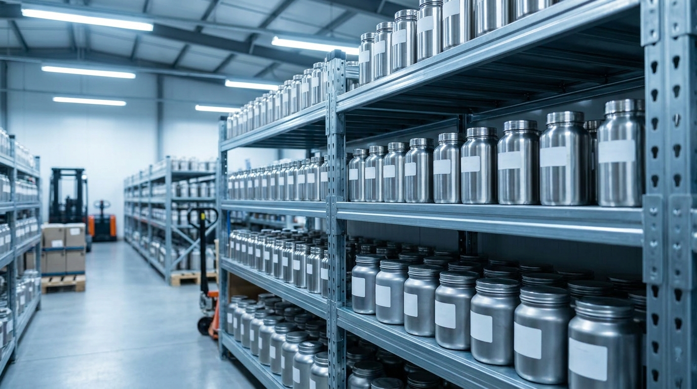Sealed containers of metal 3D printing powder in stock on a supplier shelf