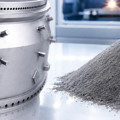 Industrial metal 3D printing powders for additive manufacturing shown with production-scale metal component and advanced manufacturing technology.