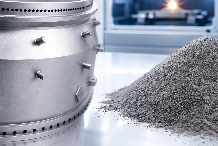 Industrial metal 3D printing powders for additive manufacturing shown with production-scale metal component and advanced manufacturing technology.