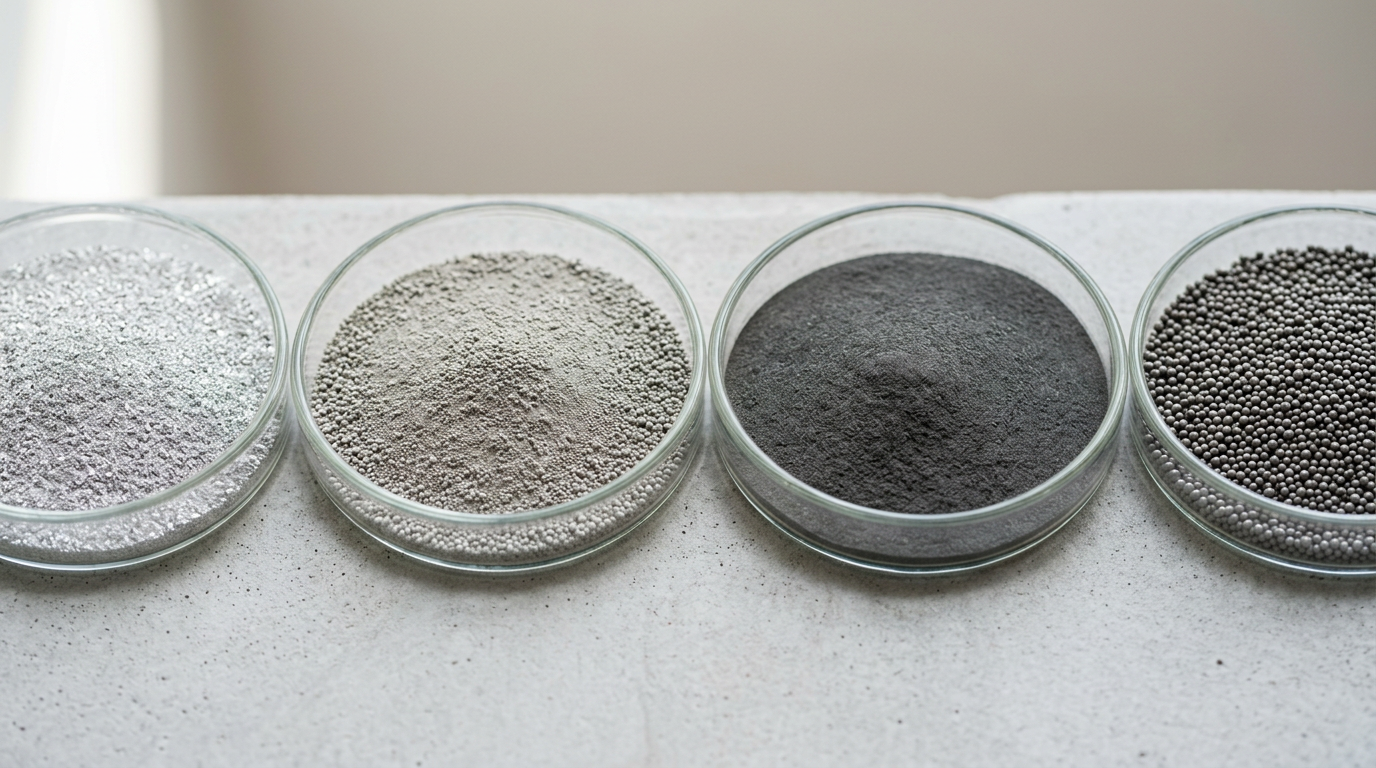 Side-by-side samples of aluminum, titanium, and steel metal 3D printing powders