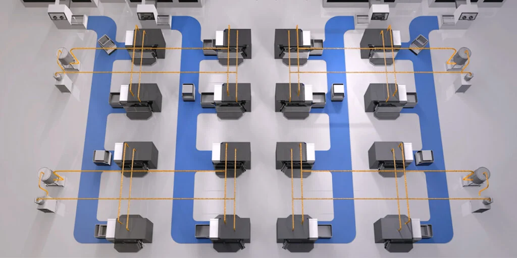 Farsoon CAMS factory layout - FS422M metal LPBF modules linked by automated build cylinder transport