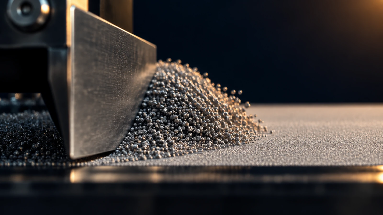 Powder flowability: recoater blade spreading metal powder into a smooth layer