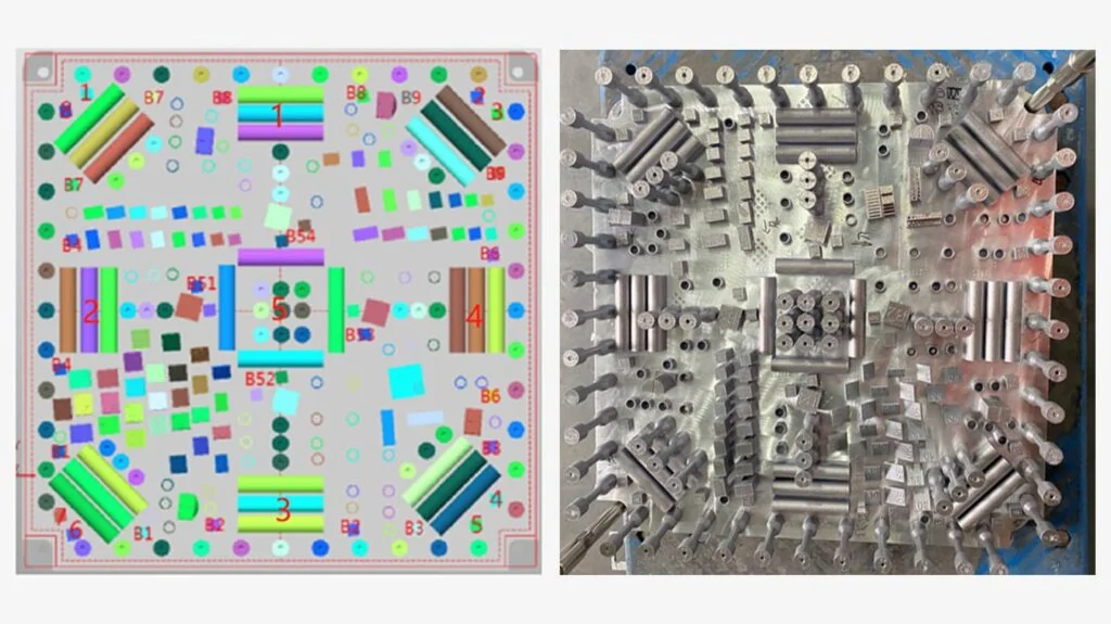 Farsoon FS350M build plate - nesting layout and the printed metal parts it produced
