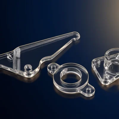 Real transparent SLA 3D-printed prototype parts on dark studio background