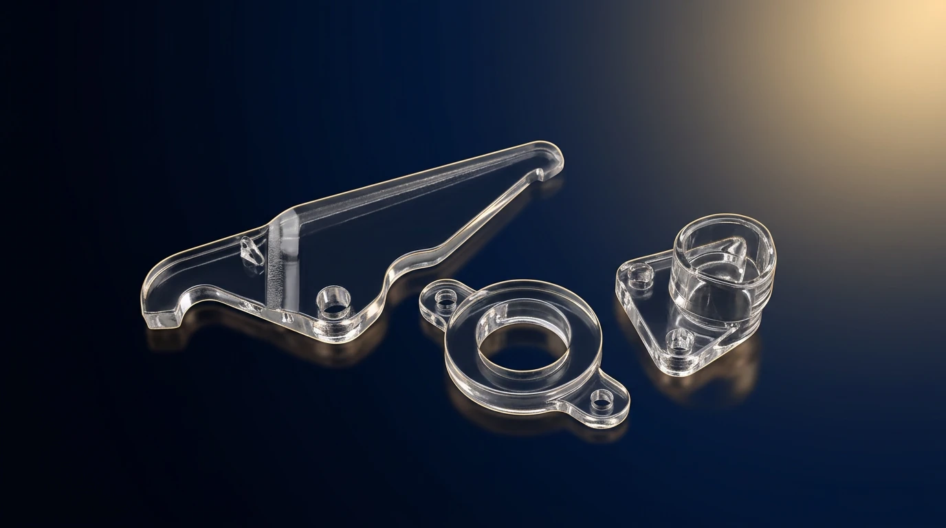 Real transparent SLA 3D-printed prototype parts on dark studio background
