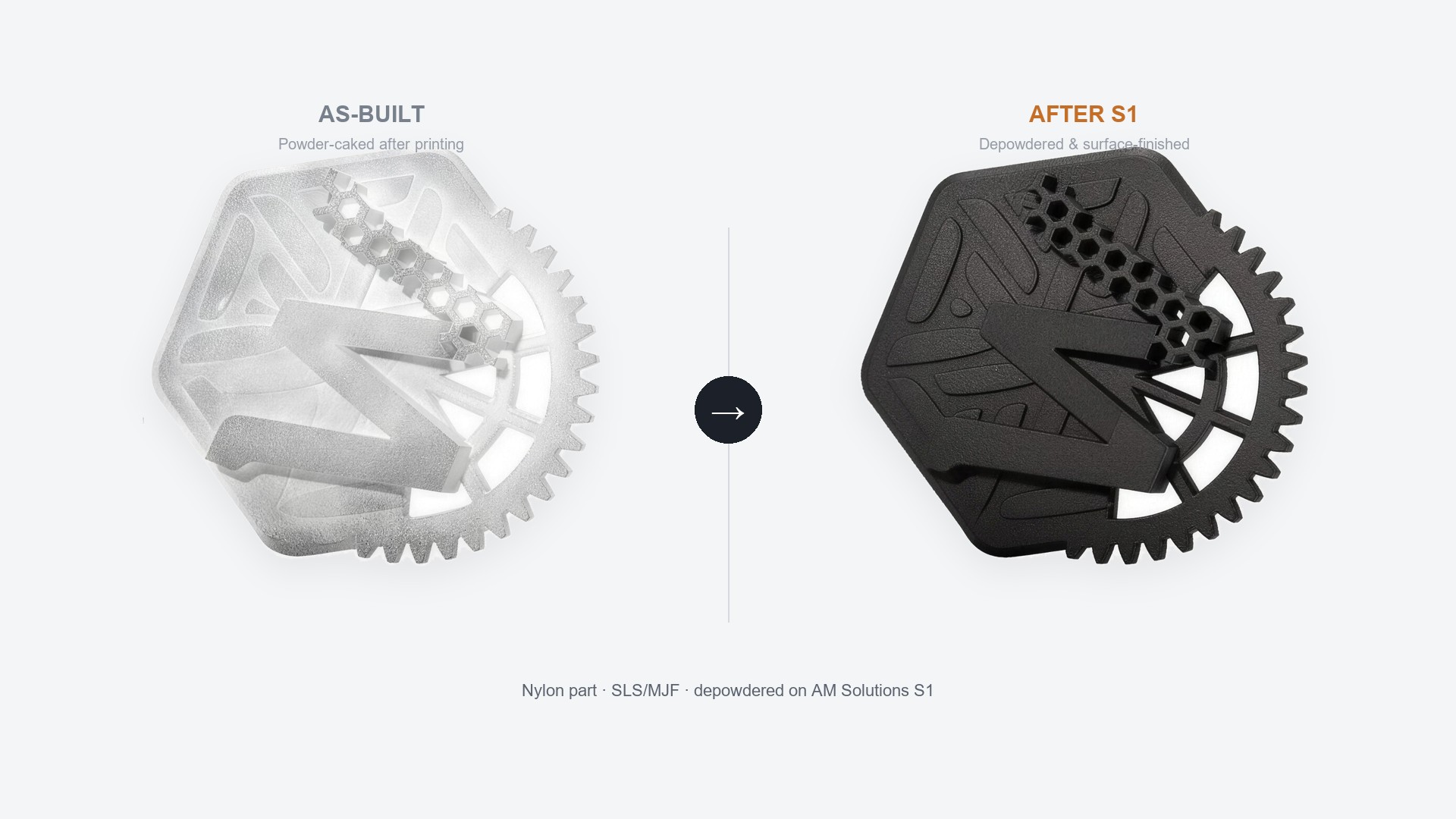 Nylon SLS part before and after depowdering and surface finishing on AM Solutions S1