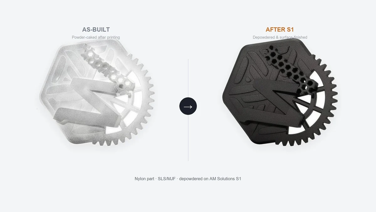 Nylon SLS part before and after depowdering and surface finishing on AM Solutions S1