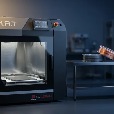 3DCeram M.A.T. FFF printer in a lab with silicon carbide filament spools — silicon carbide 3D printing