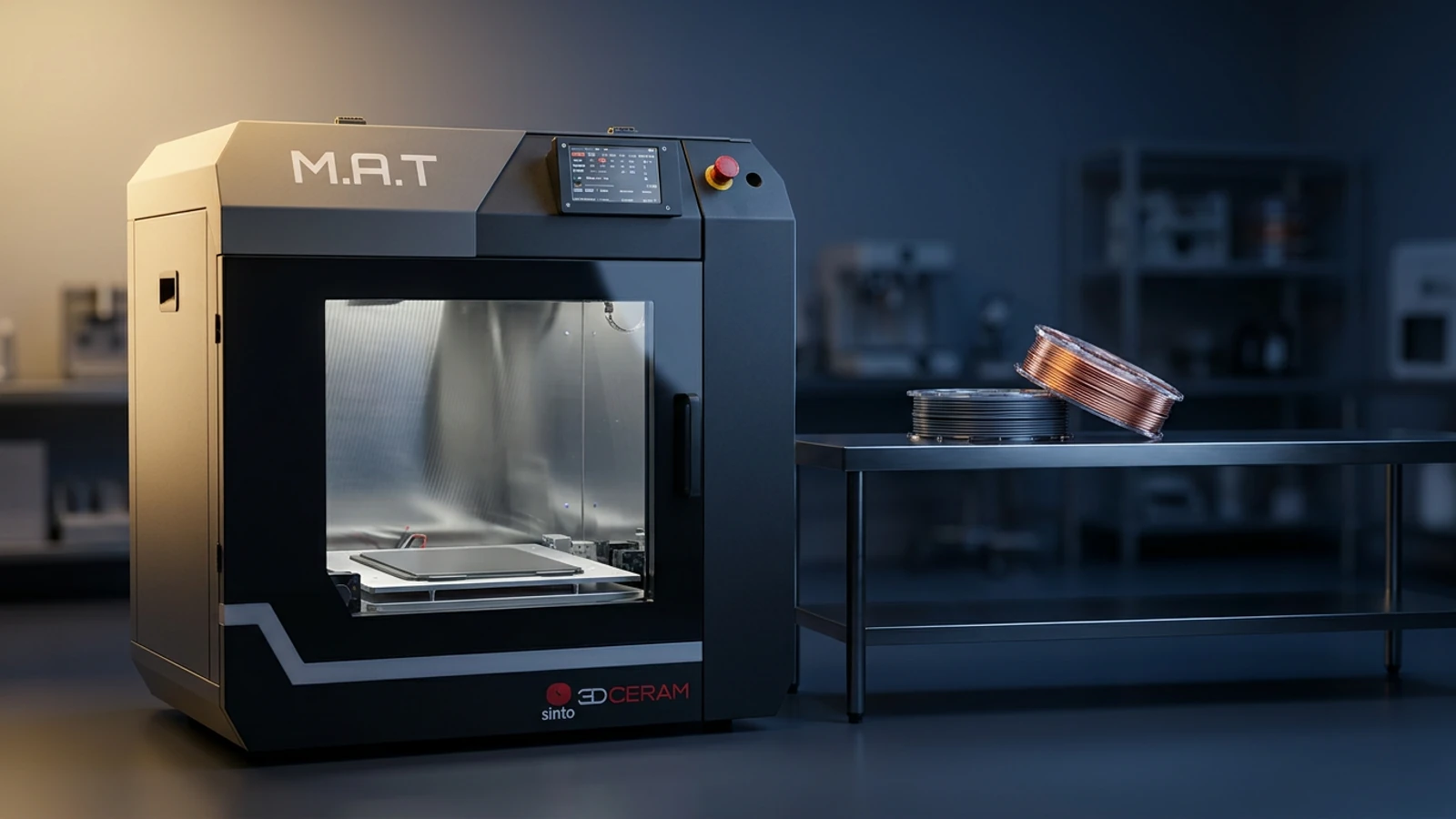 3DCeram M.A.T. FFF printer in a lab with silicon carbide filament spools — silicon carbide 3D printing