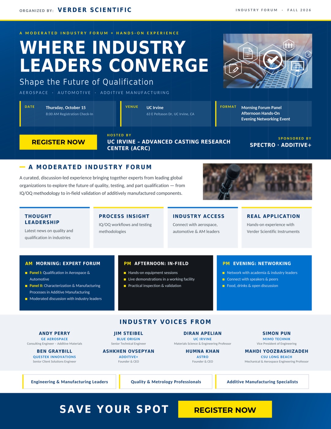 Verder Scientific flyer for the Aerospace, Automotive and Additive Industry Forum at UC Irvine on October 15, 2026