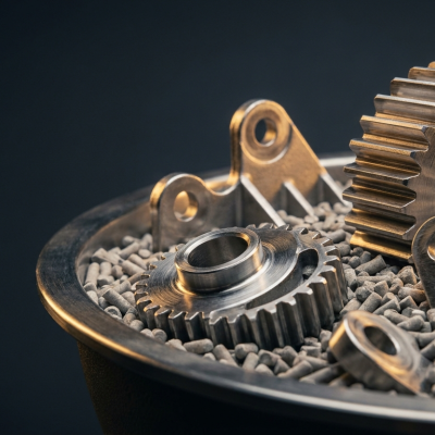 Metal 3D-printed parts in ceramic media inside a vibratory mass-finishing bowl