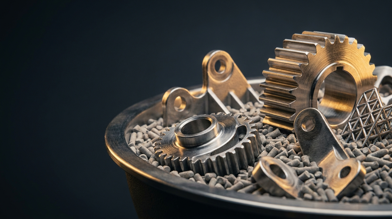 Metal 3D-printed parts in ceramic media inside a vibratory mass-finishing bowl