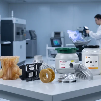 Additive manufacturing parts and materials on a workbench in a 3D printing centre