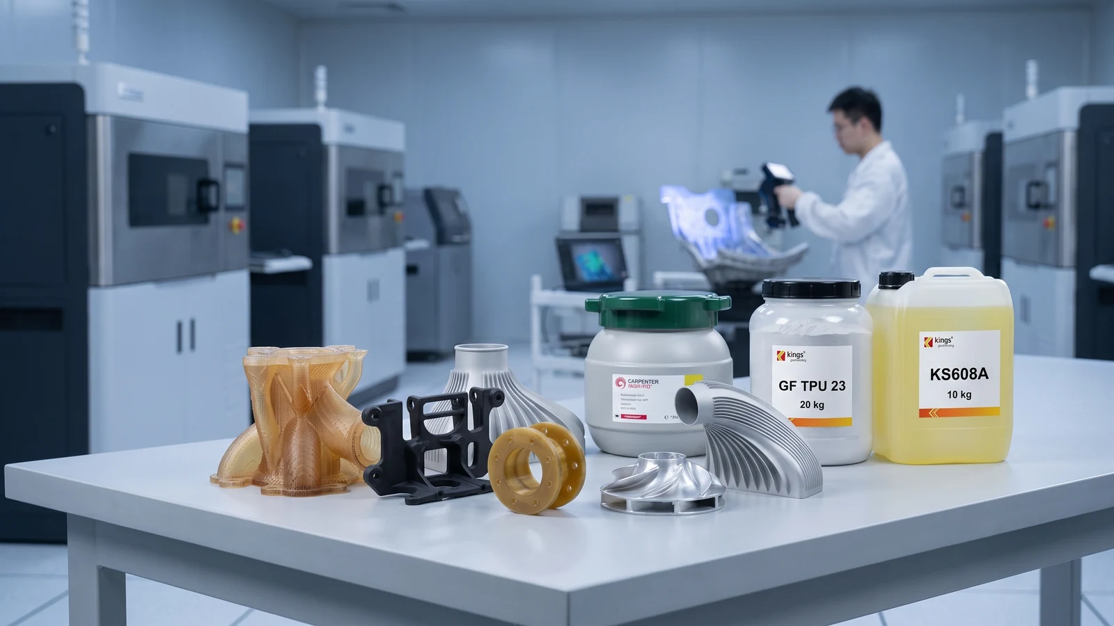 Additive manufacturing parts and materials on a workbench in a 3D printing centre
