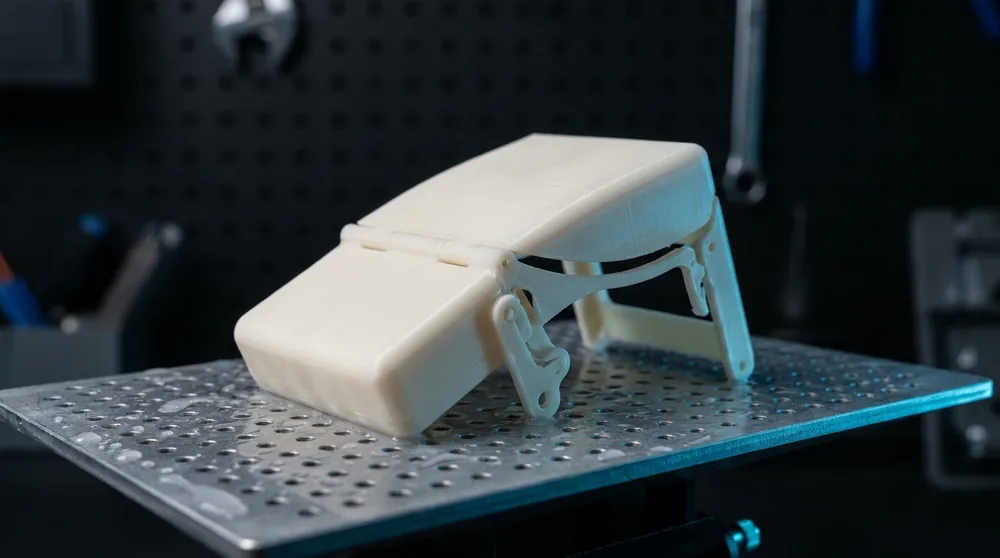 White engineering SLA resin part with a living hinge and snap-fit